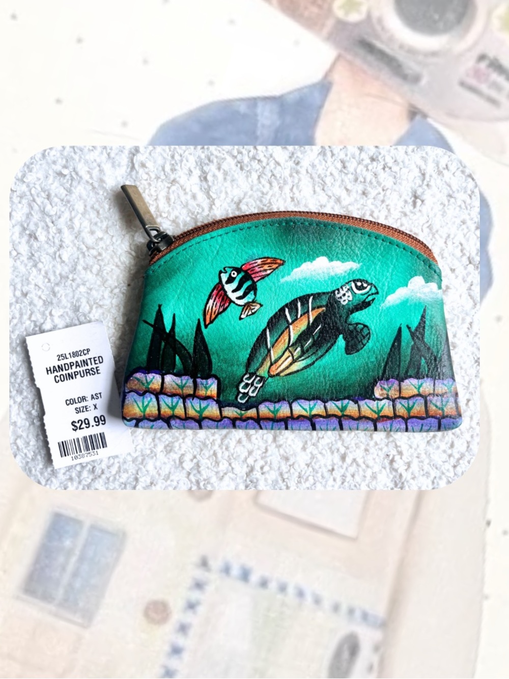 NWT🎉Hand painted teal sea turtle & fish faux leather coin purse
